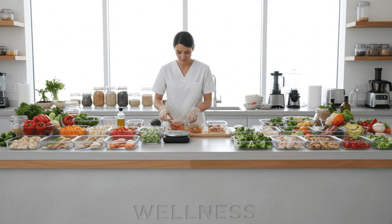 Nutrition professional organizing fresh ingredients and prepared meals in modern meal prep workspace Nutrition professional organizing fresh ingredients and prepared meals in modern meal prep workspace